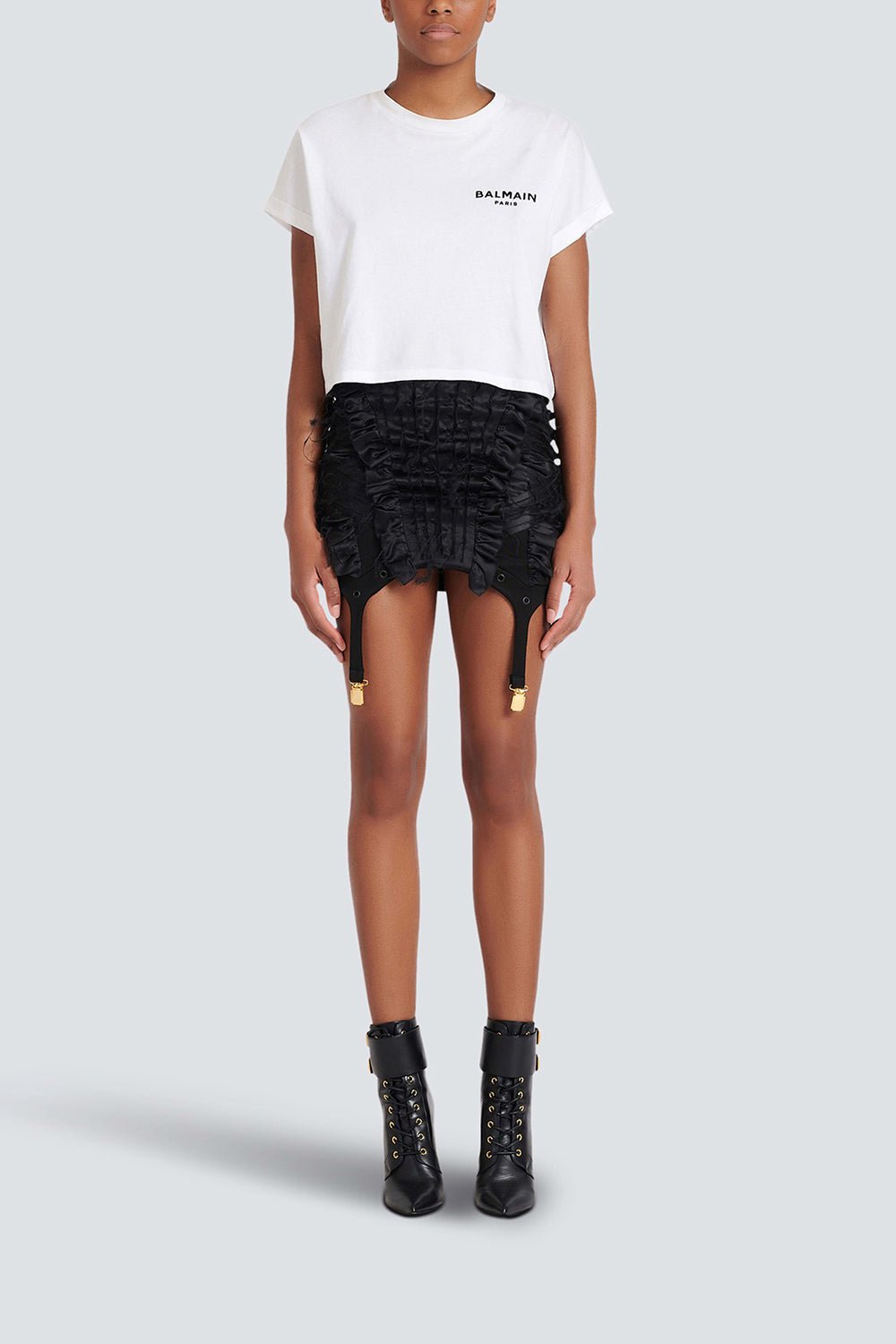BALMAIN-Flocked Paris Cropped T-Shirt - Blanc-