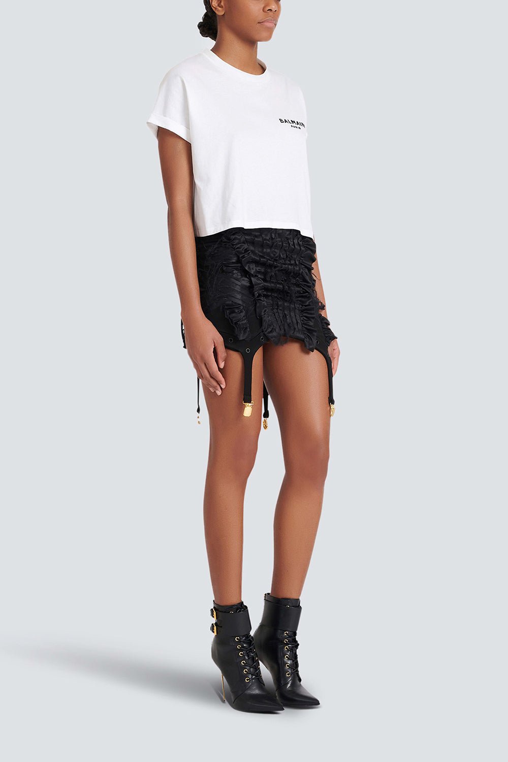 BALMAIN-Flocked Paris Cropped T-Shirt - Blanc-