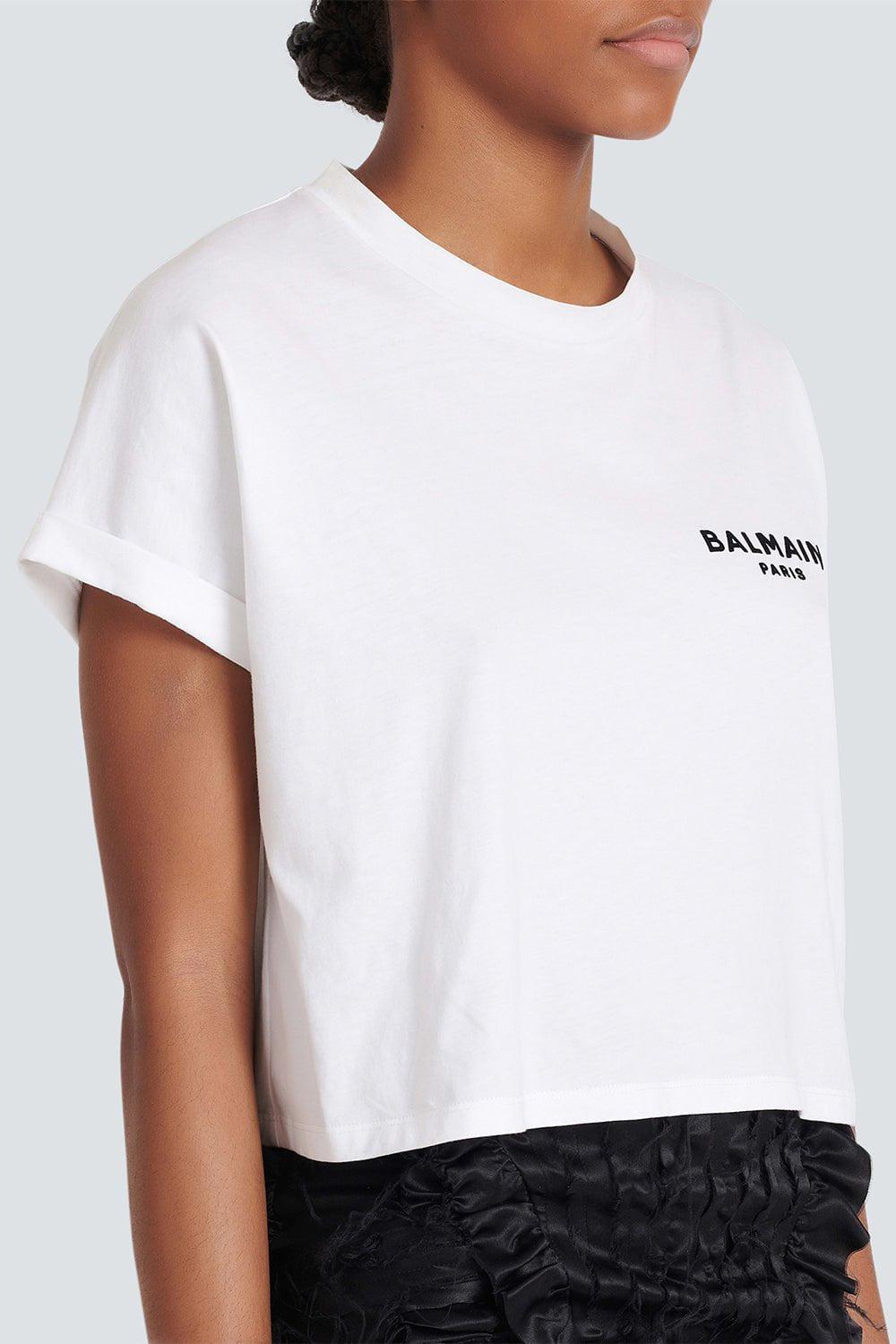 BALMAIN-Flocked Paris Cropped T-Shirt - Blanc-