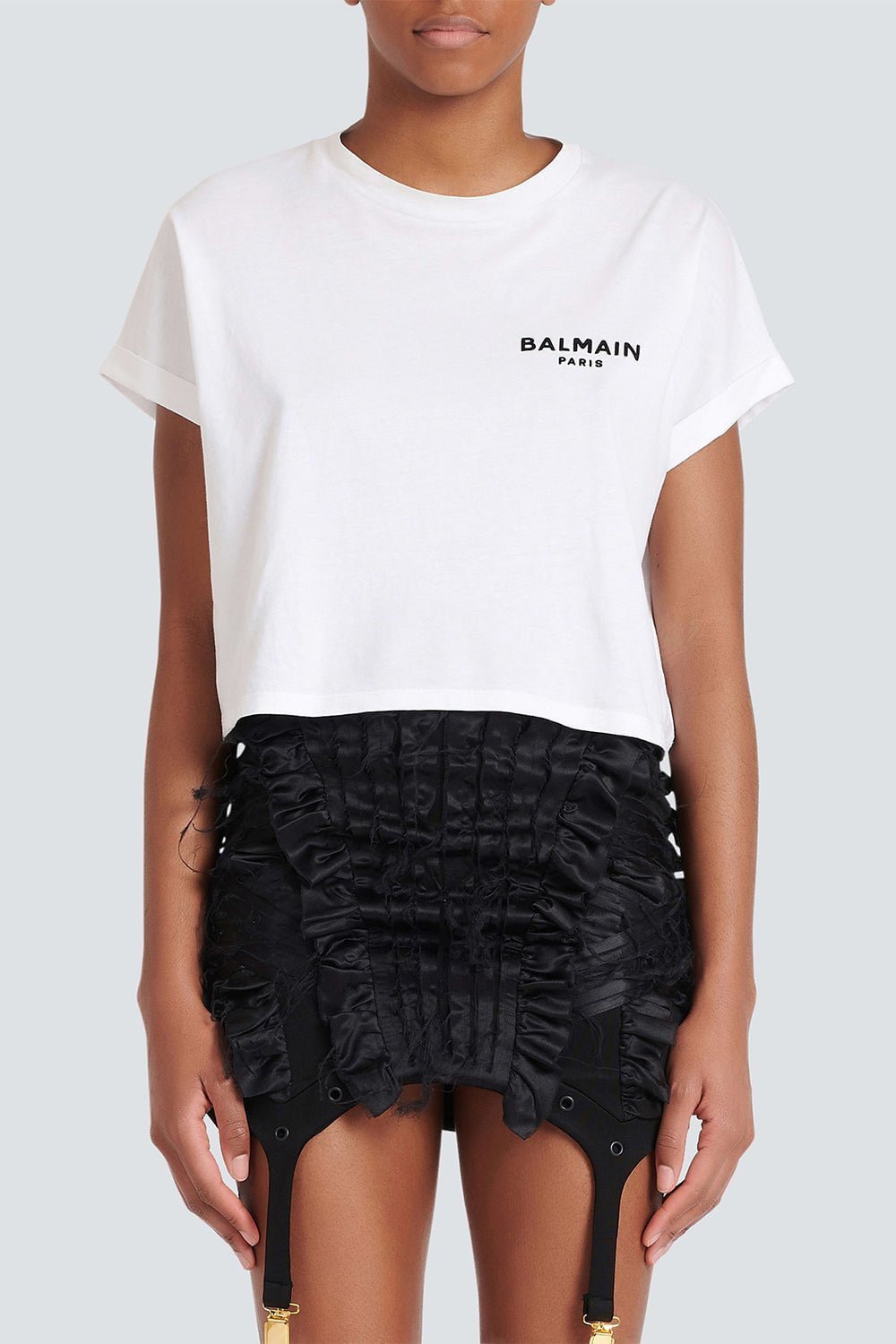 BALMAIN-Flocked Paris Cropped T-Shirt - Blanc-