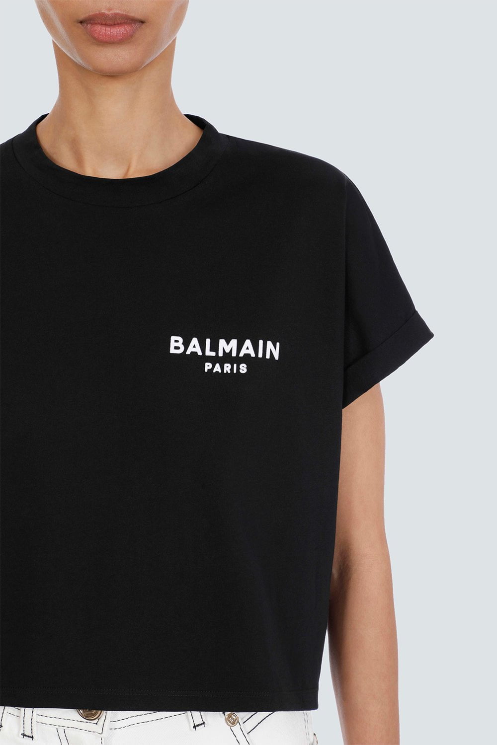 BALMAIN-Flocked Paris Cropped T-Shirt - Noir-