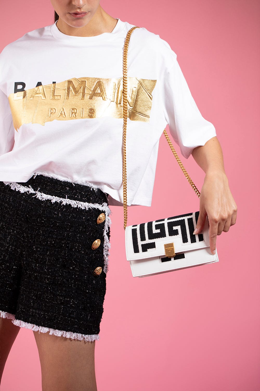 BALMAIN-Gold Tape Cropped T Shirt-
