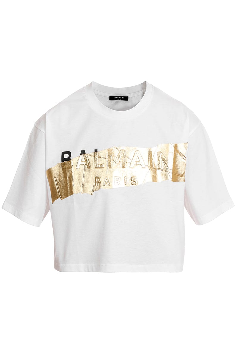BALMAIN-Gold Tape Cropped T Shirt-
