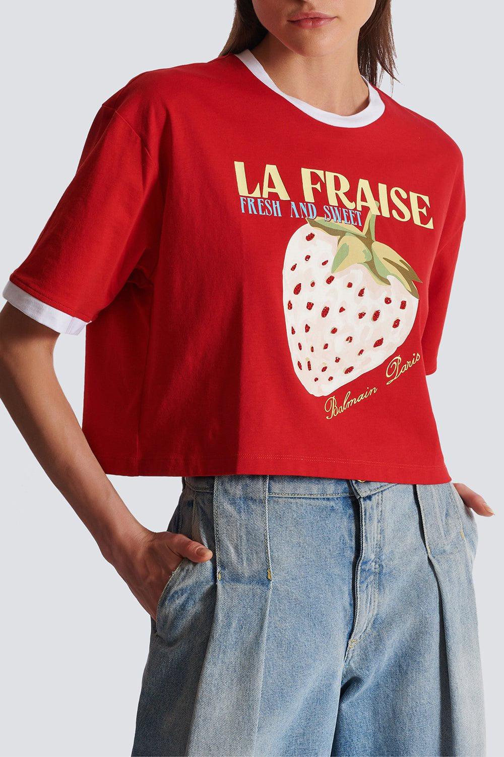 BALMAIN-Fraise Print Crop Tee-
