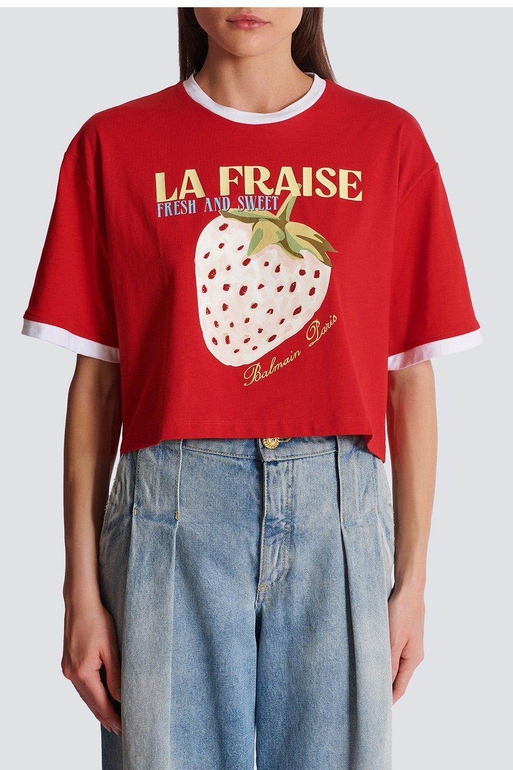 BALMAIN-Fraise Print Crop Tee-