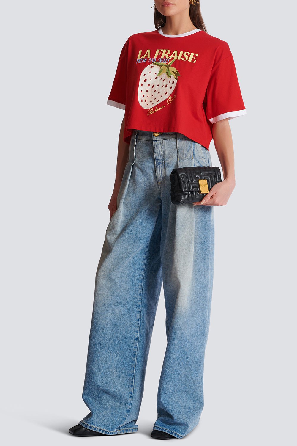 BALMAIN-Fraise Print Crop Tee-