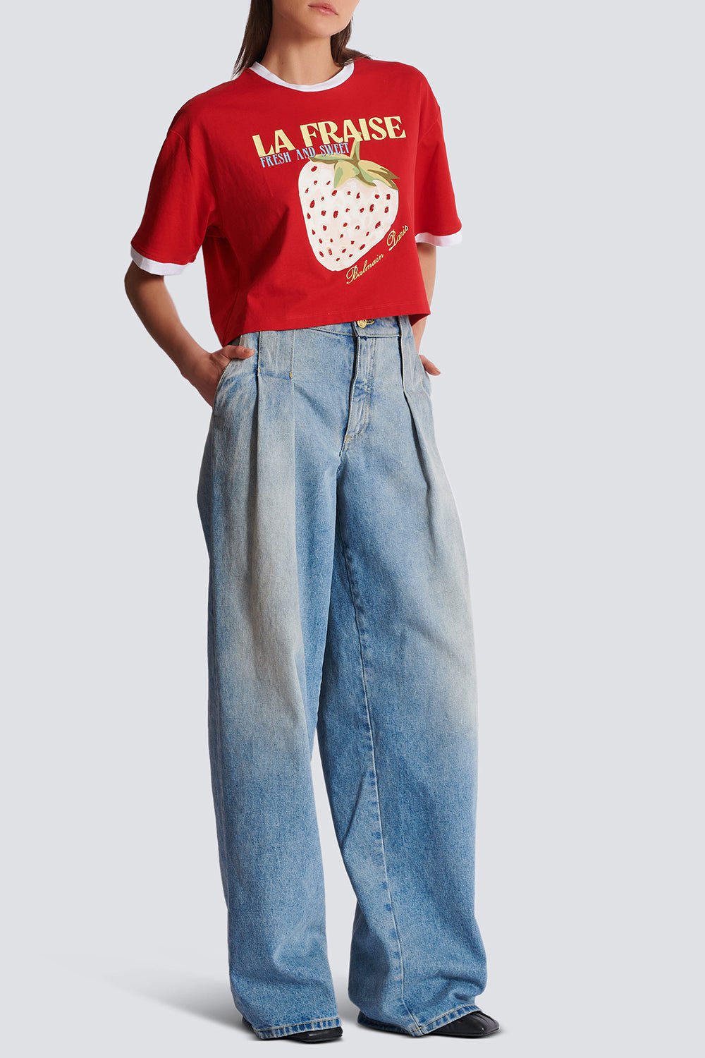 BALMAIN-Fraise Print Crop Tee-