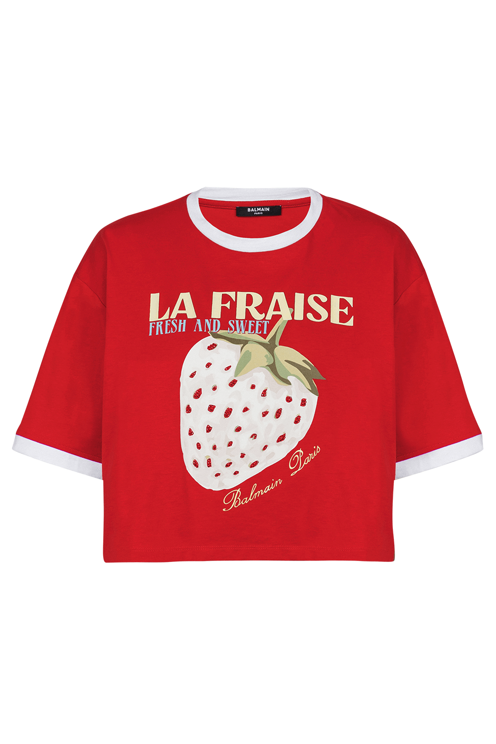 BALMAIN-Fraise Print Crop Tee-