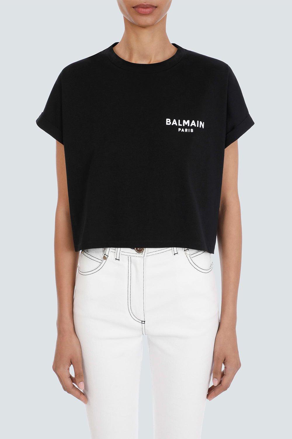 BALMAIN-Flocked Paris Cropped T-Shirt - Noir-