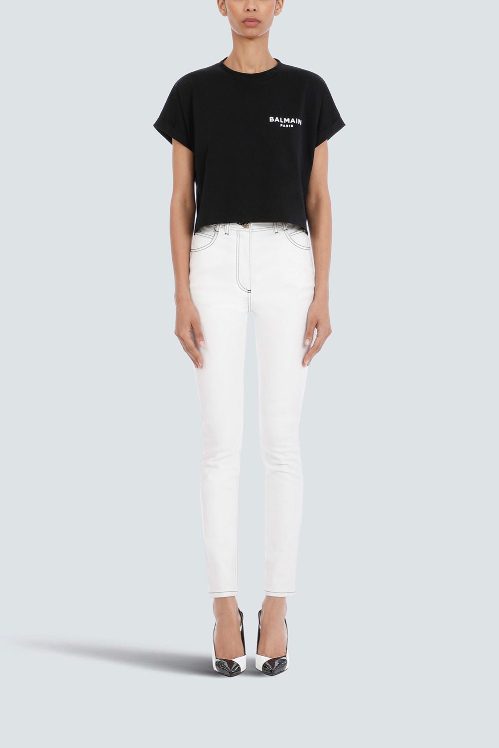 BALMAIN-Flocked Paris Cropped T-Shirt - Noir-