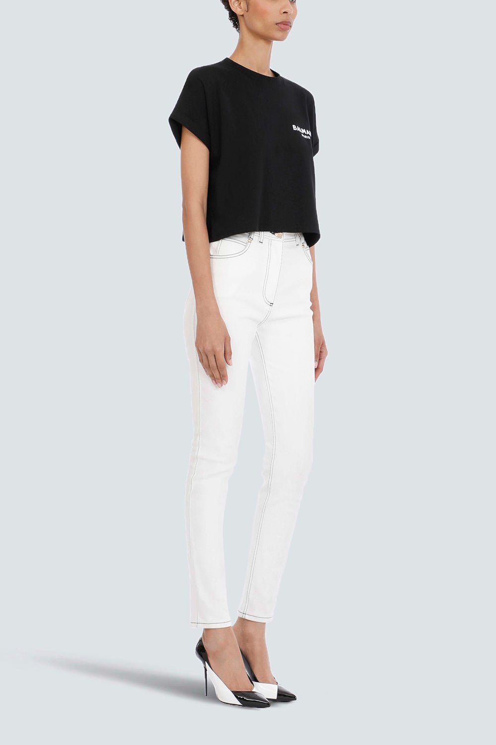 BALMAIN-Flocked Paris Cropped T-Shirt - Noir-