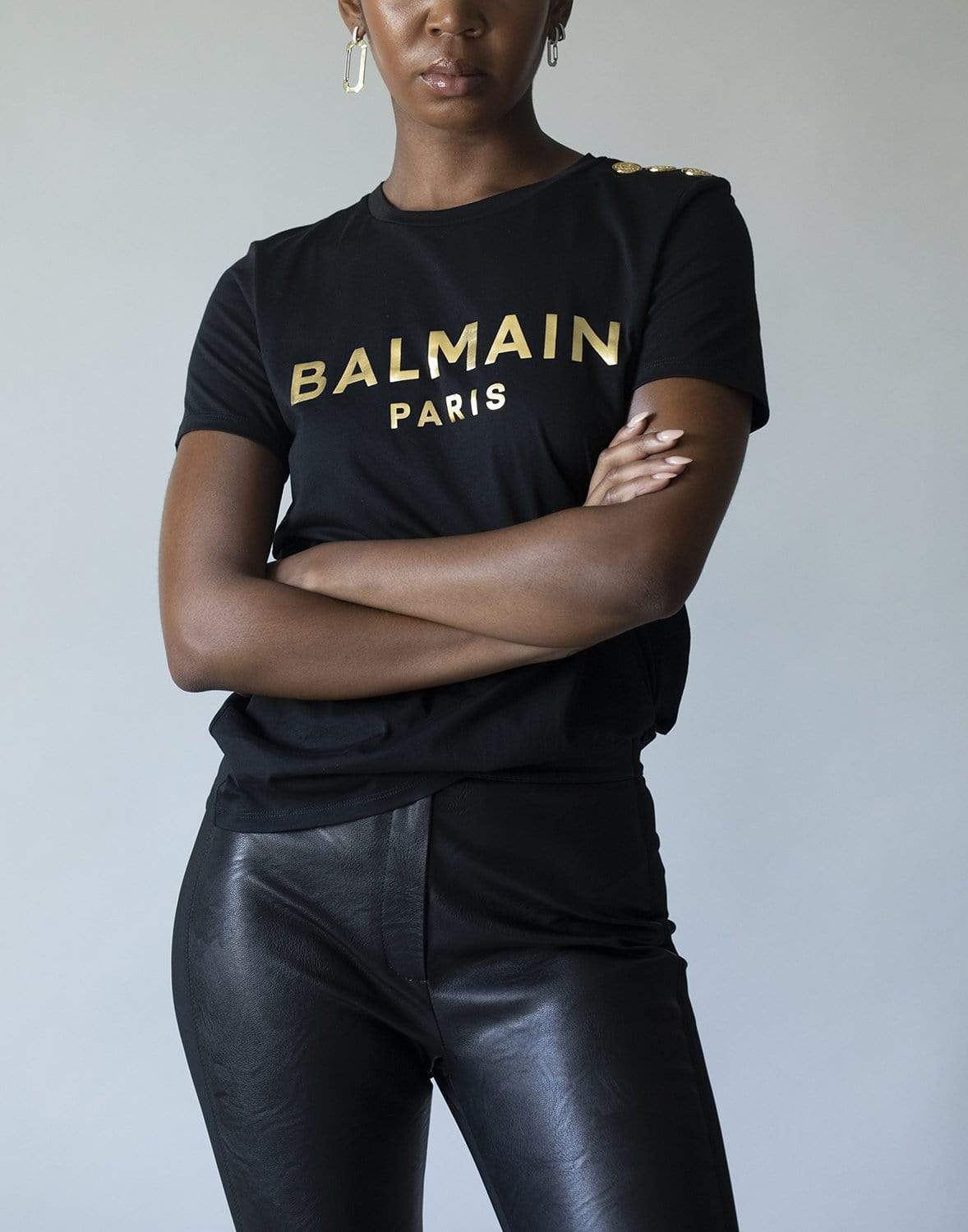 BALMAIN-Metallic Balmain Logo Black T-Shirt-