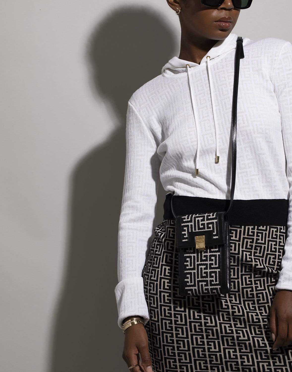 BALMAIN-Bicolor Jacquard Phone Case With Black Leather Panels-IVRY/BLK