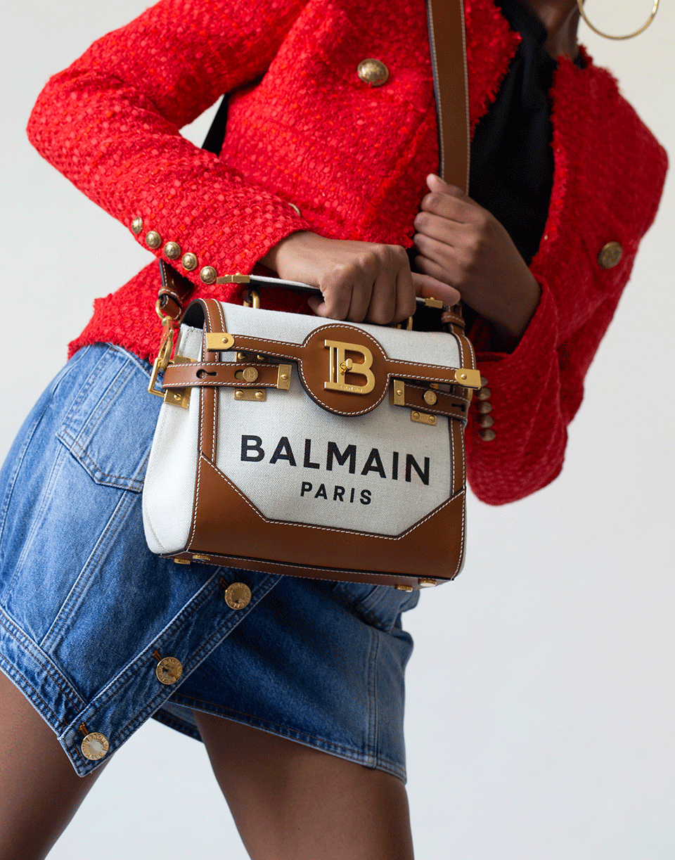 BALMAIN-Buzz Canvas Logo Bag-NAT/BRWN