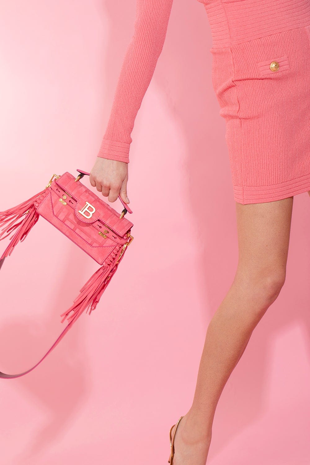 BALMAIN-Bbuzz Baguette 19 Bag With Fringe - Salmon-SALMON