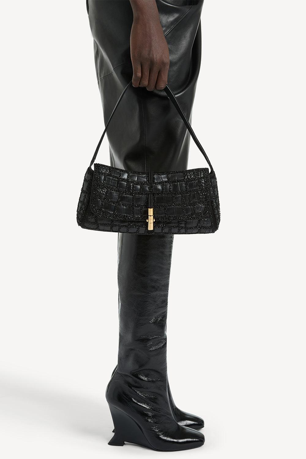 Metropolis Crocodile Effect Embroidered Leather Bag-BLACK-HANDBAGTOP HANDLE-BALMAIN