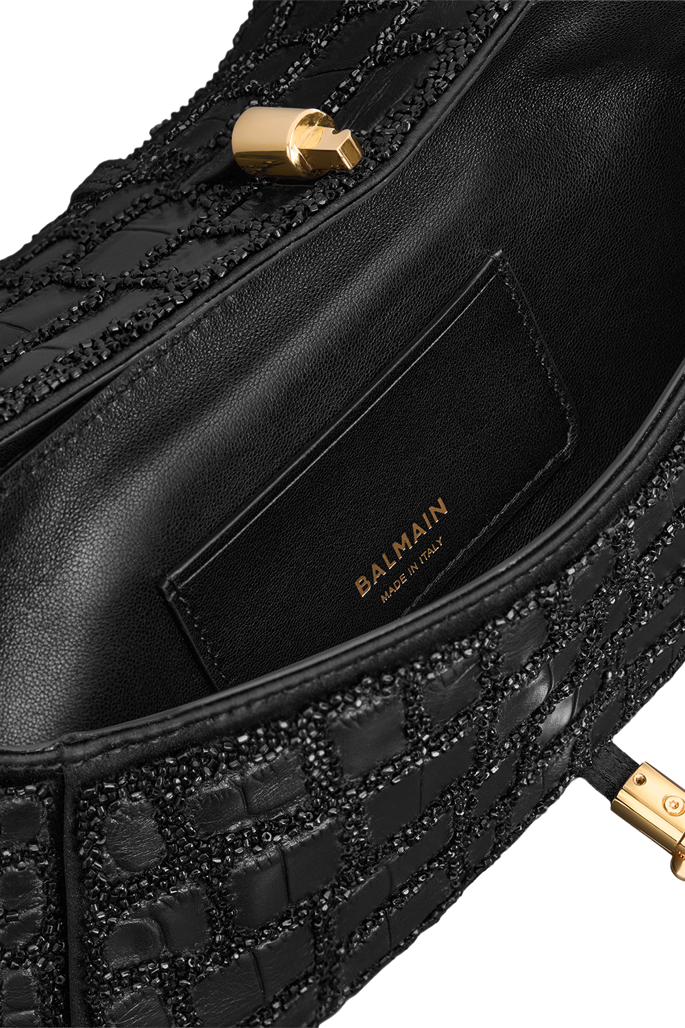 Metropolis Crocodile Effect Embroidered Leather Bag-BLACK-HANDBAGTOP HANDLE-BALMAIN