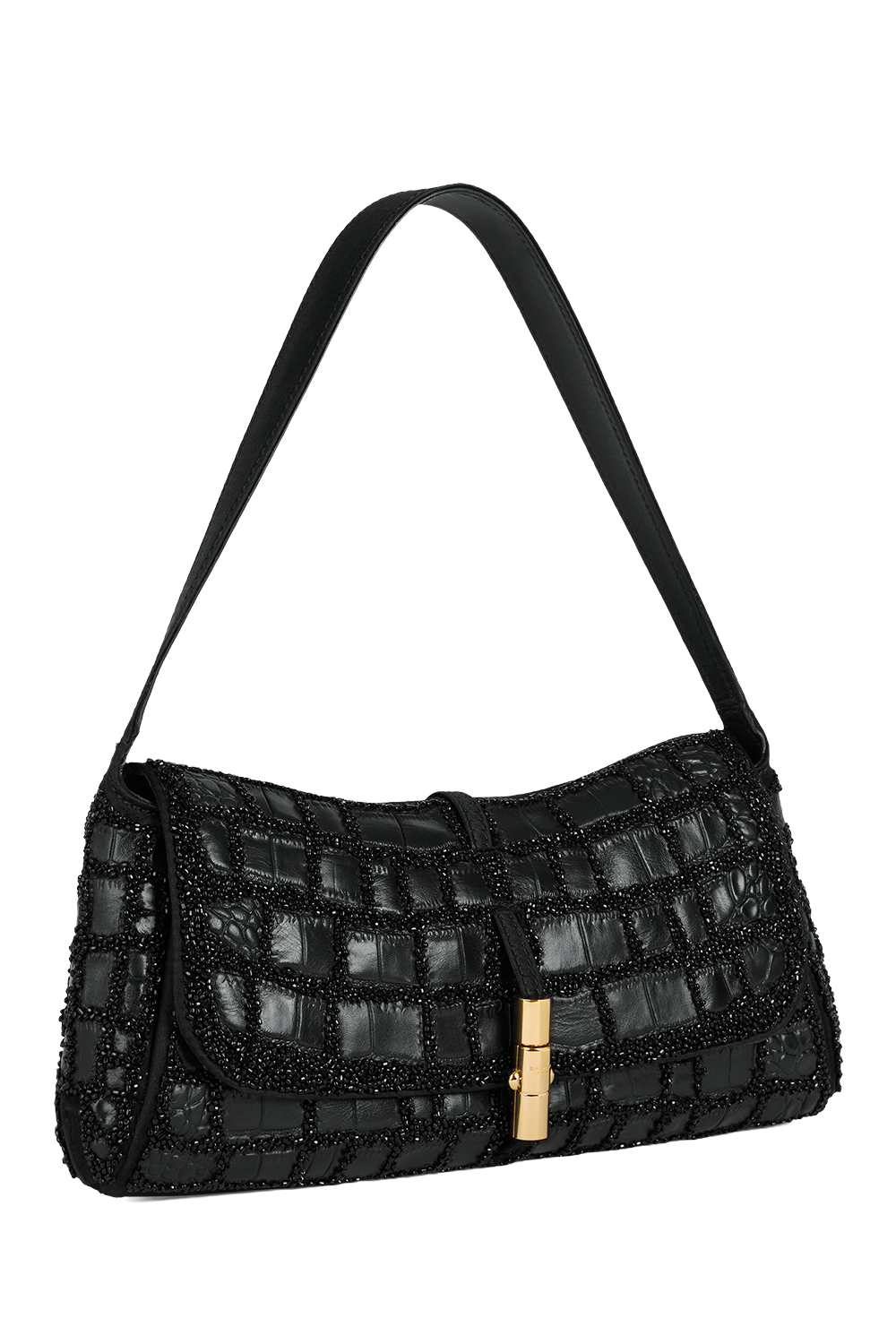 Metropolis Crocodile Effect Embroidered Leather Bag-BLACK-HANDBAGTOP HANDLE-BALMAIN
