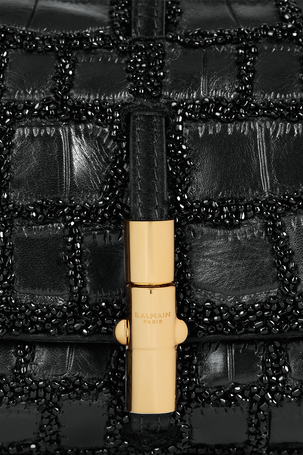 Metropolis Crocodile Effect Embroidered Leather Bag-BLACK-HANDBAGTOP HANDLE-BALMAIN