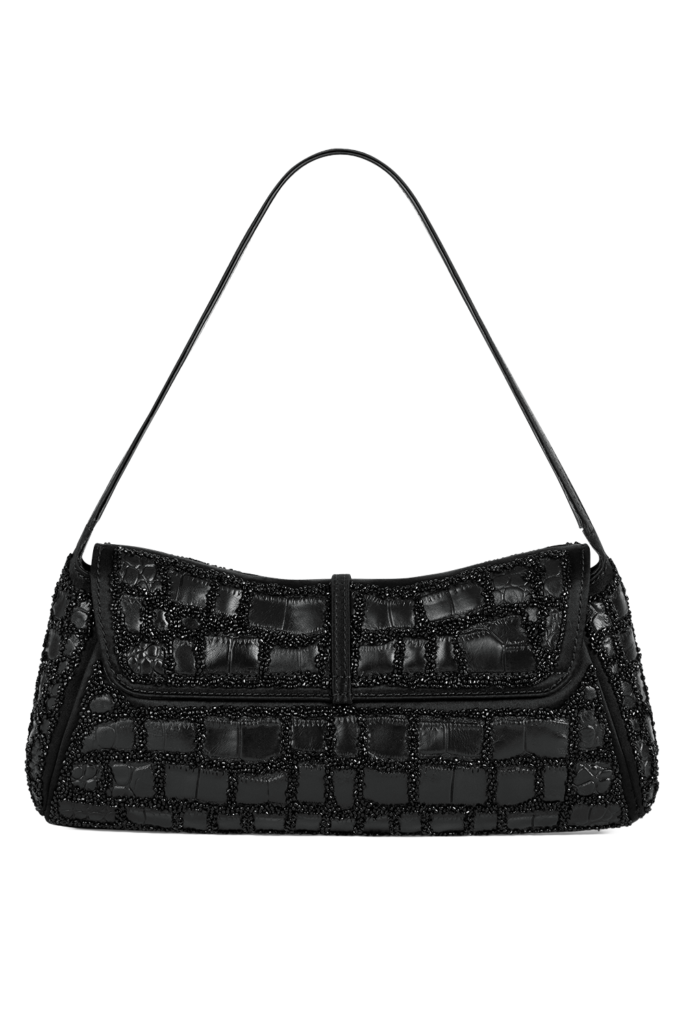 Metropolis Crocodile Effect Embroidered Leather Bag-BLACK-HANDBAGTOP HANDLE-BALMAIN