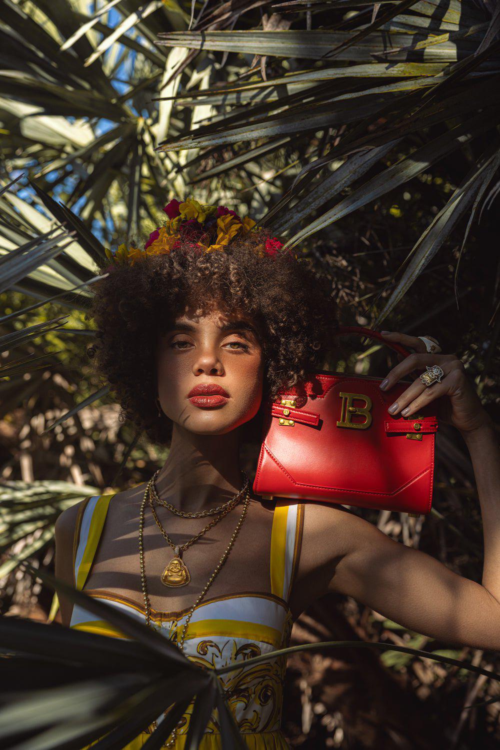 BALMAIN-Bbuzz CalfskinTop Handle Bag-ROUGE