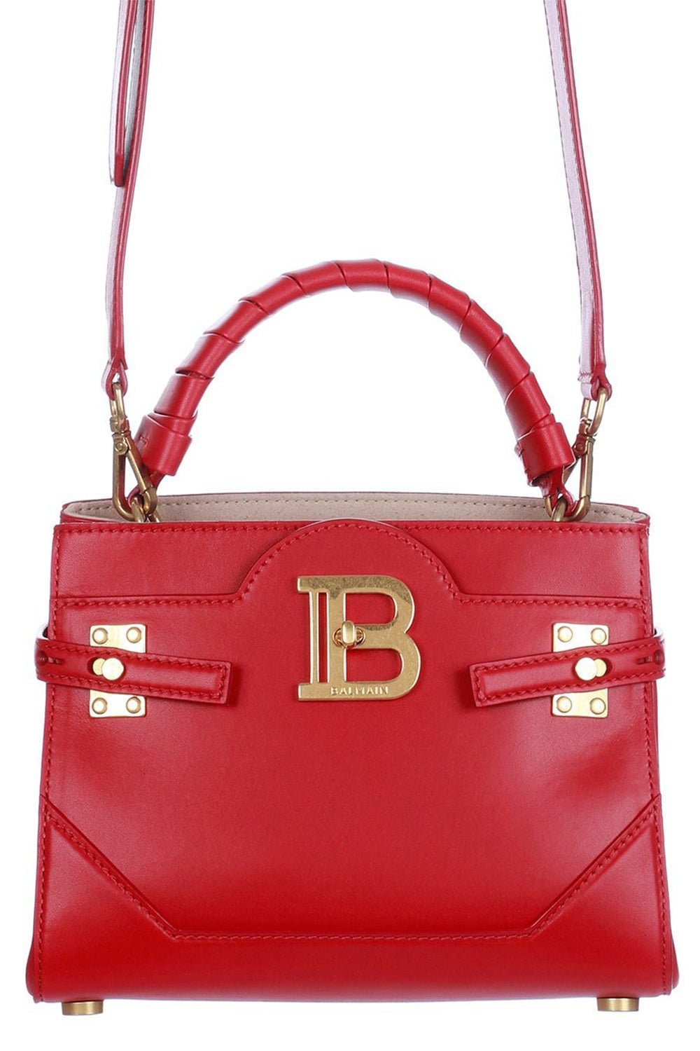BALMAIN-Bbuzz CalfskinTop Handle Bag-ROUGE