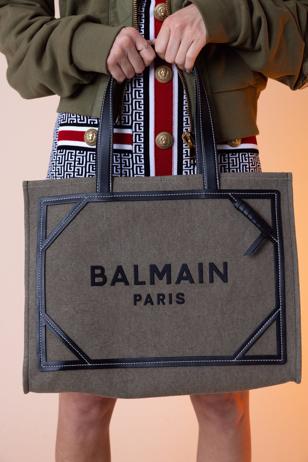 BALMAIN-B-Army Shopper Medium Tote Bag-KHAKI/NOIR