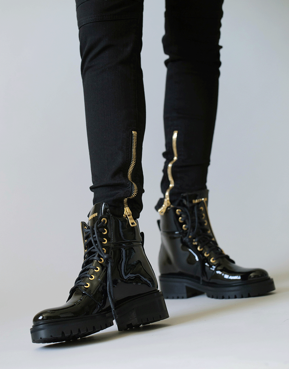 BALMAIN-Black Ranger Army Patent Leather Boots-