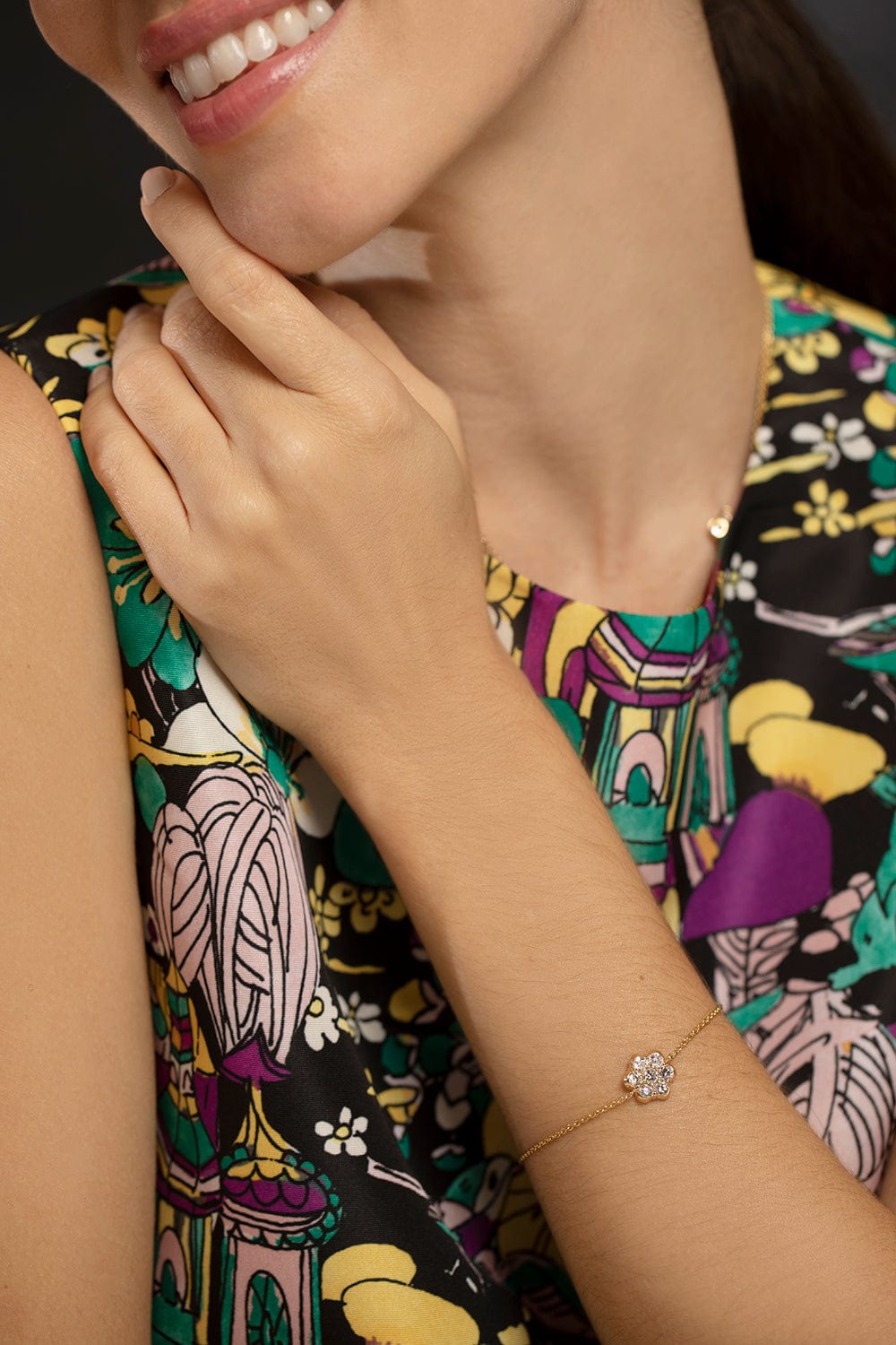 BAYCO-Medium Diamond Flower Chain Bracelet-YELLOW GOLD