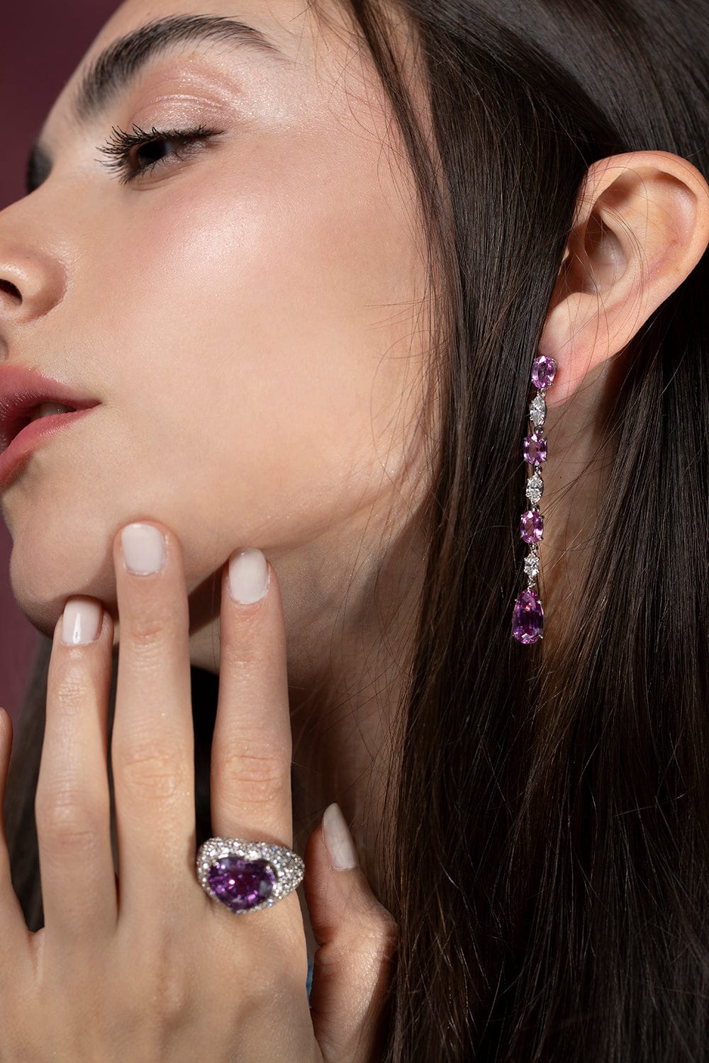 BAYCO-Pink Sapphire and Diamond Line Earrings-PLAT