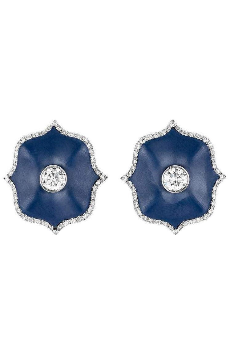 BAYCO-Diamond and Blue Ceramic Small Lotus Earrings-PLATINUM