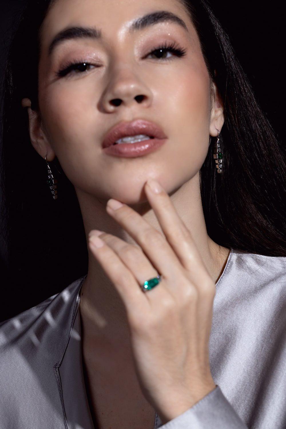 BAYCO-Emerald Diamond Drop Earrings-PLATINUM