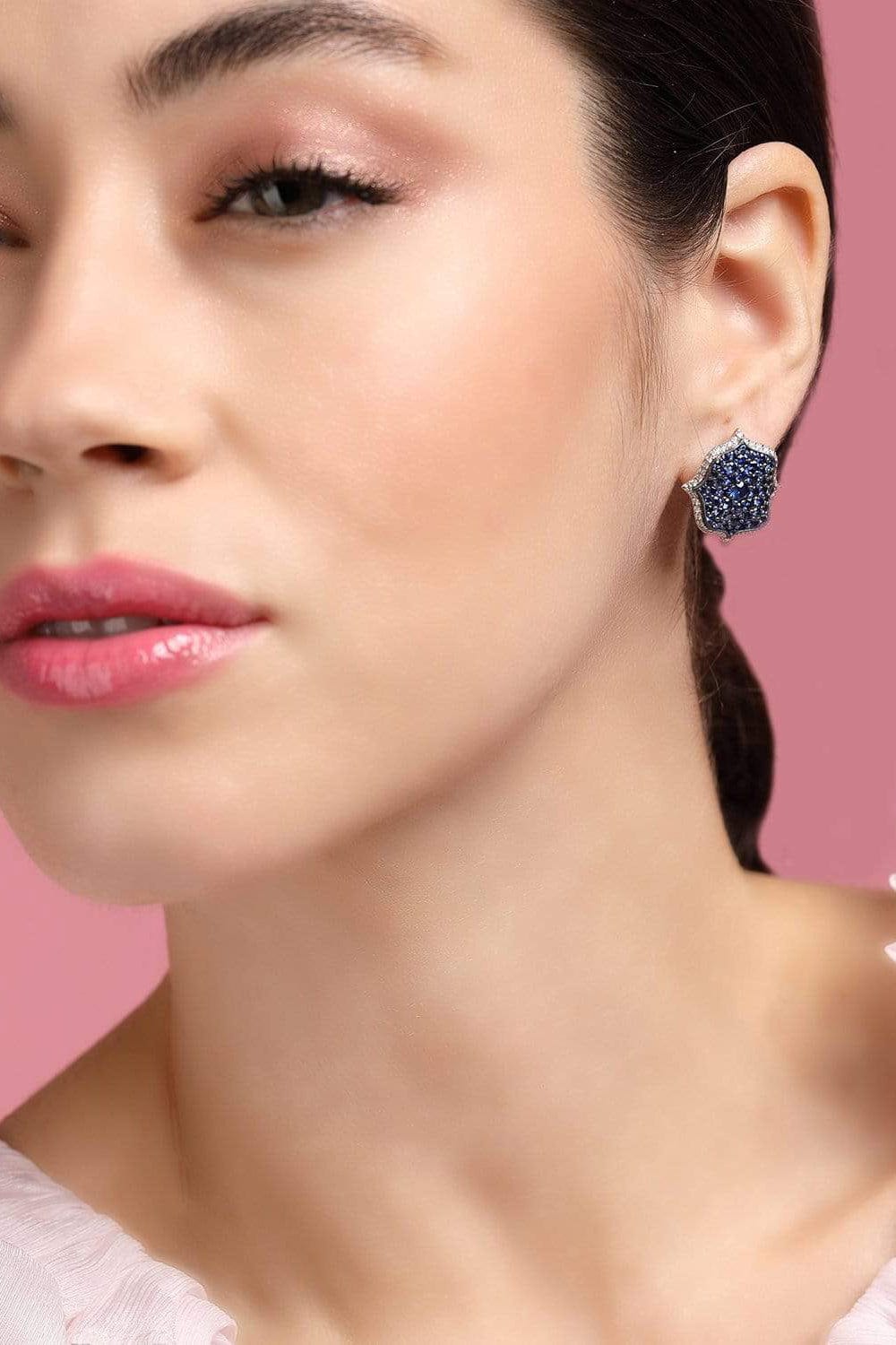 BAYCO-Pave Blue Sapphire Lotus Earrings-PLATINUM