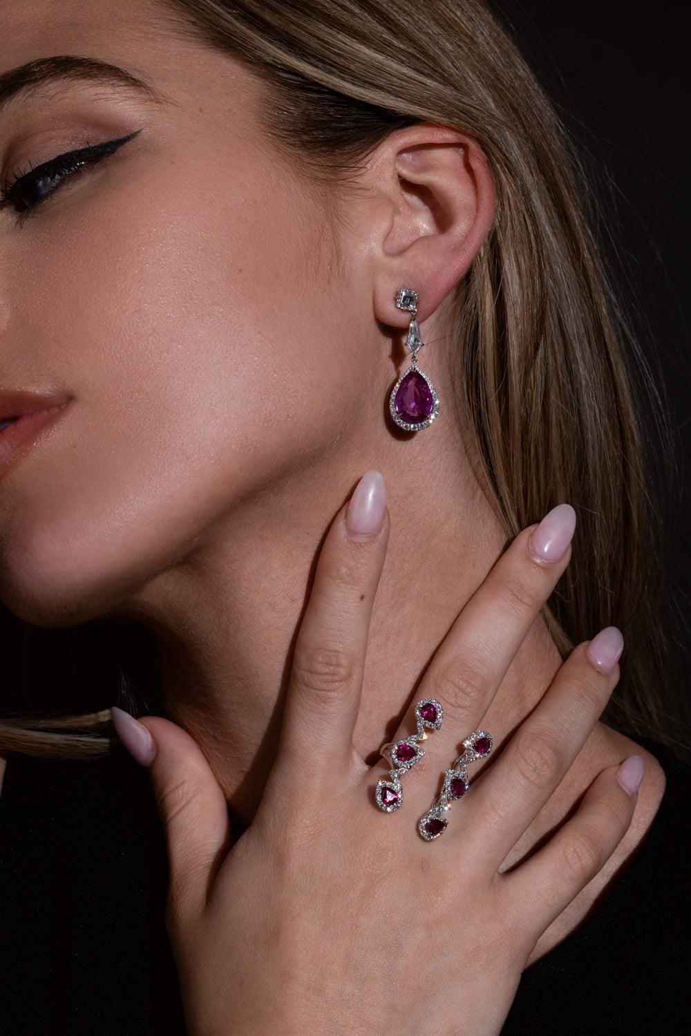 BAYCO-Pink Sapphire Diamond Drop Earrings-PLATINUM