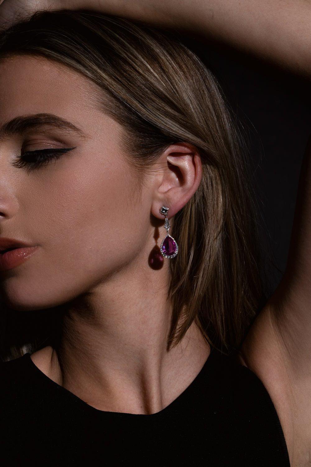 BAYCO-Pink Sapphire Diamond Drop Earrings-PLATINUM