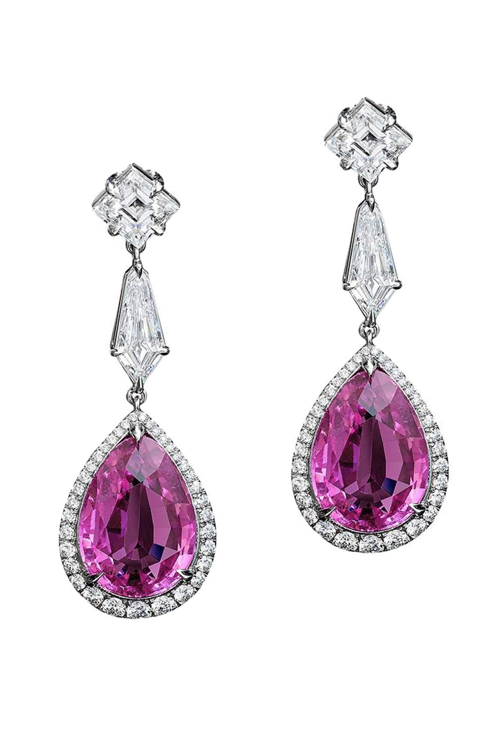 BAYCO-Pink Sapphire Diamond Drop Earrings-PLATINUM