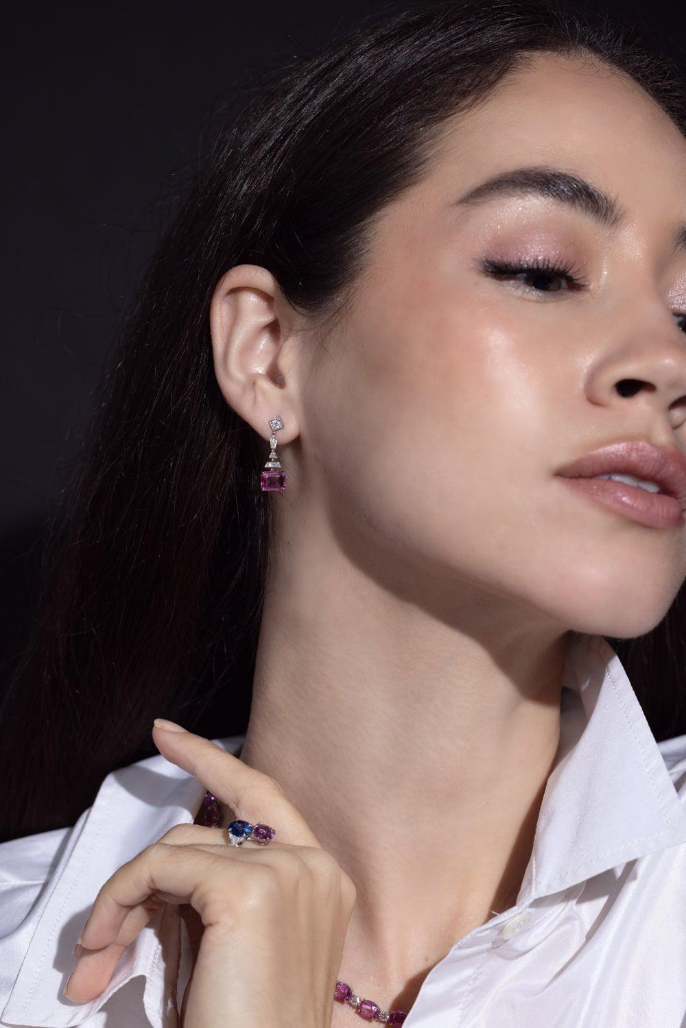 BAYCO-Pink Sapphire Diamond Earrings-PLATINUM