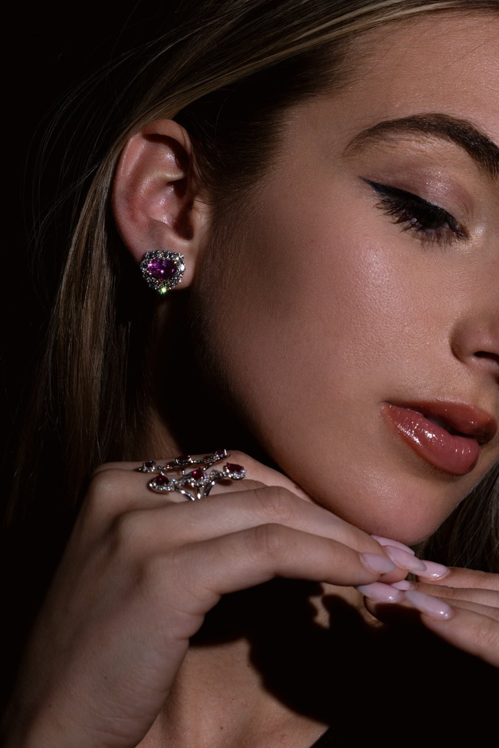 BAYCO-Pink Sapphire Diamond Heart Stud Earrings-PLATINUM