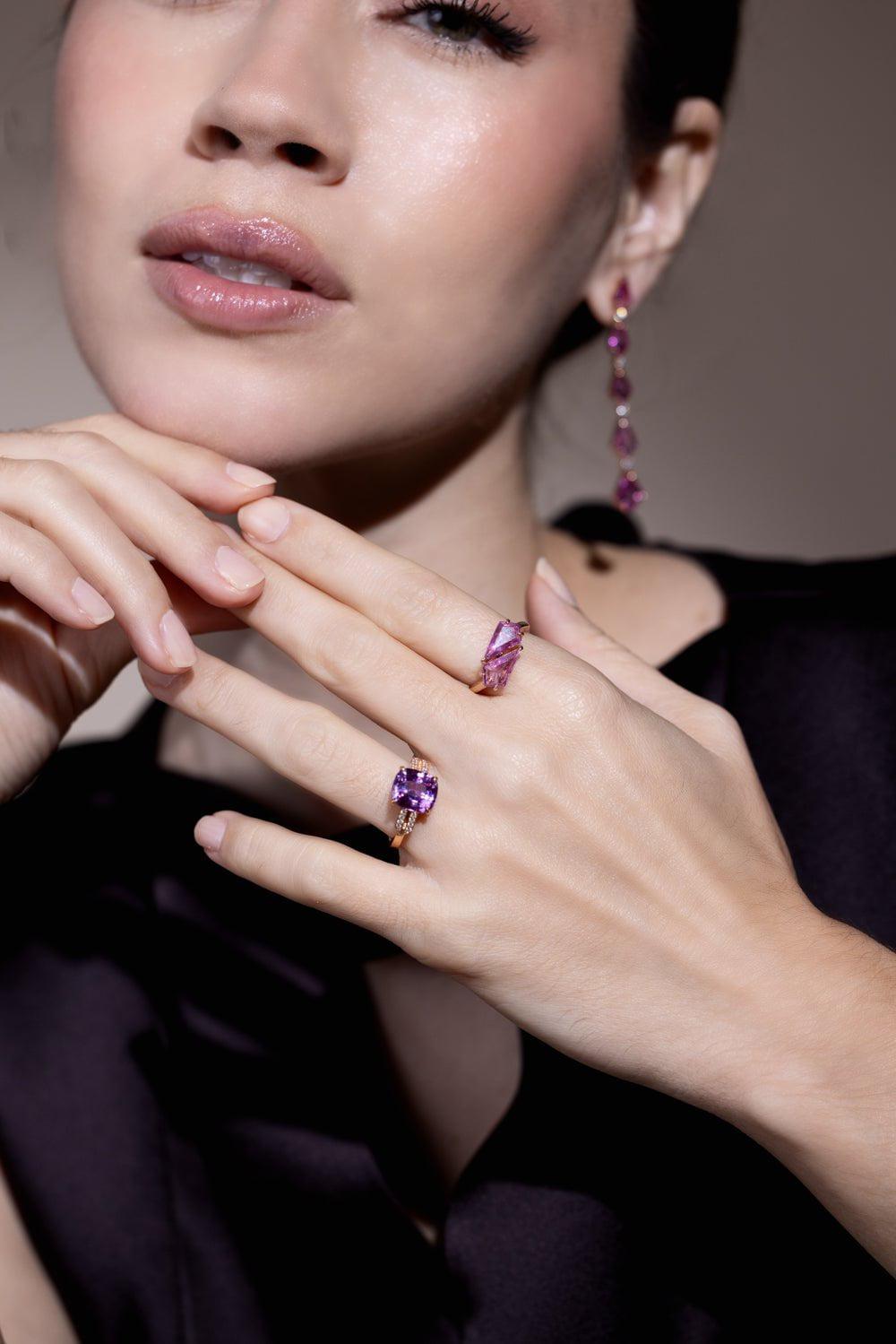 BAYCO-Pink Sapphire Diamond Line Earrings-ROSE GOLD