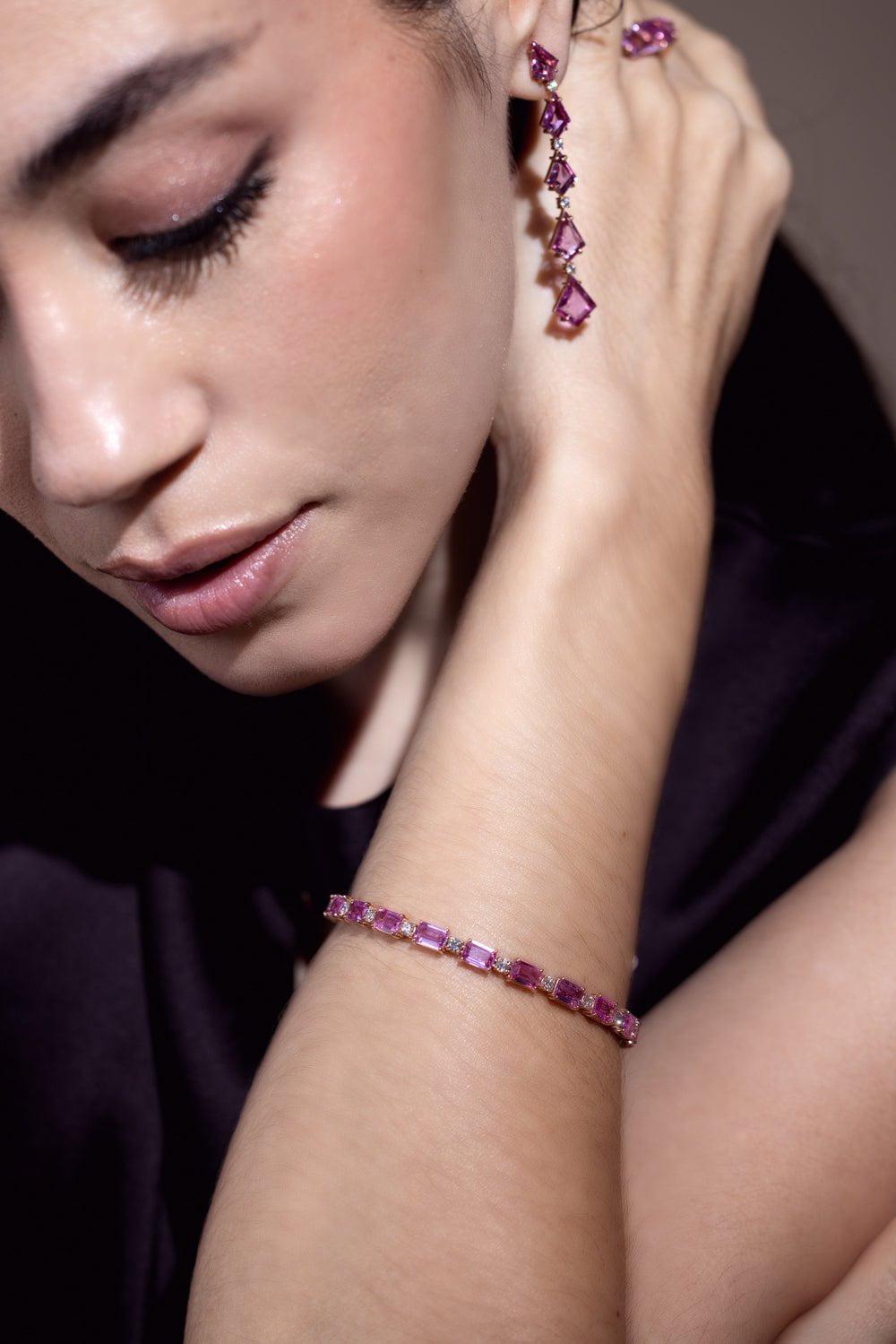 BAYCO-Pink Sapphire Diamond Line Earrings-ROSE GOLD