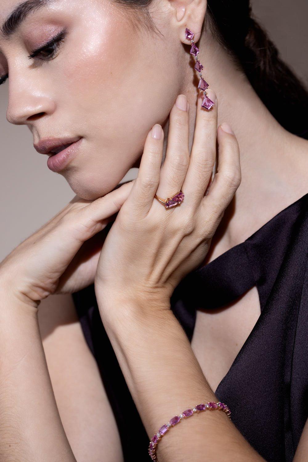 BAYCO-Pink Sapphire Diamond Line Earrings-ROSE GOLD