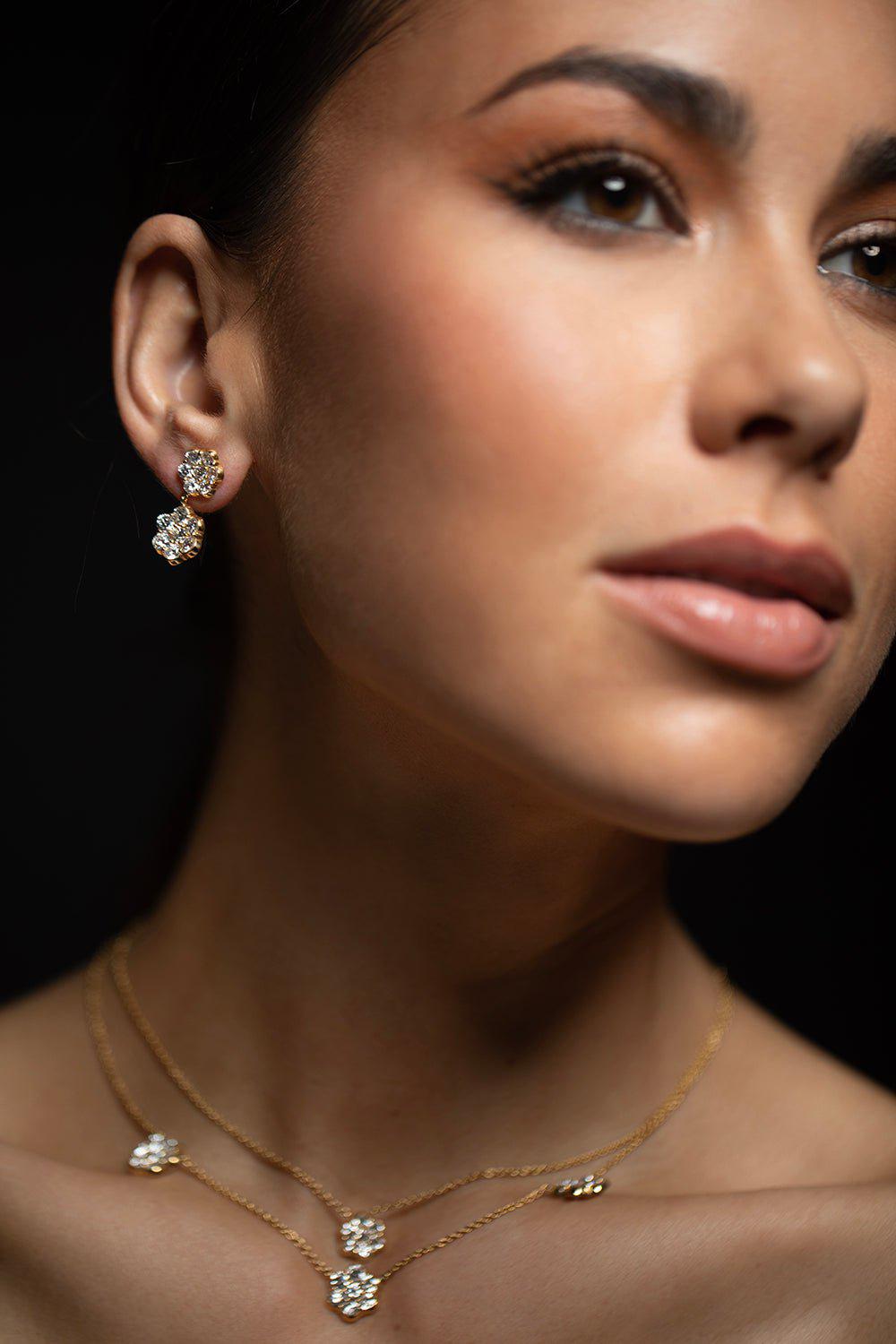 BAYCO-Diamond Double Flower Drop Earrings-YELLOW GOLD