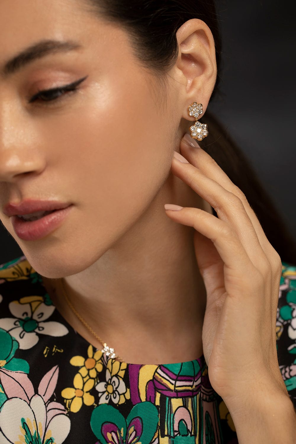 BAYCO-Diamond Double Flower Drop Earrings-YELLOW GOLD