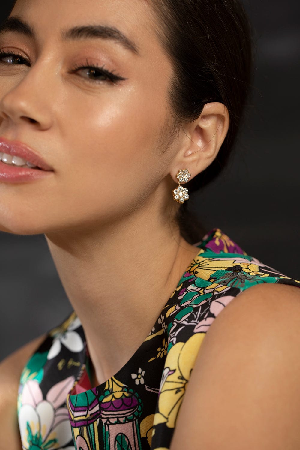 BAYCO-Diamond Double Flower Drop Earrings-YELLOW GOLD