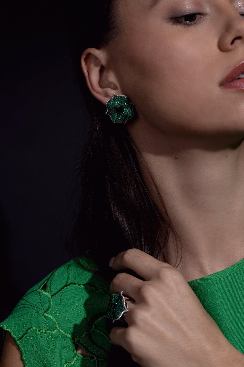 BAYCO-Lotus Emerald Earrings-YELLOW GOLD
