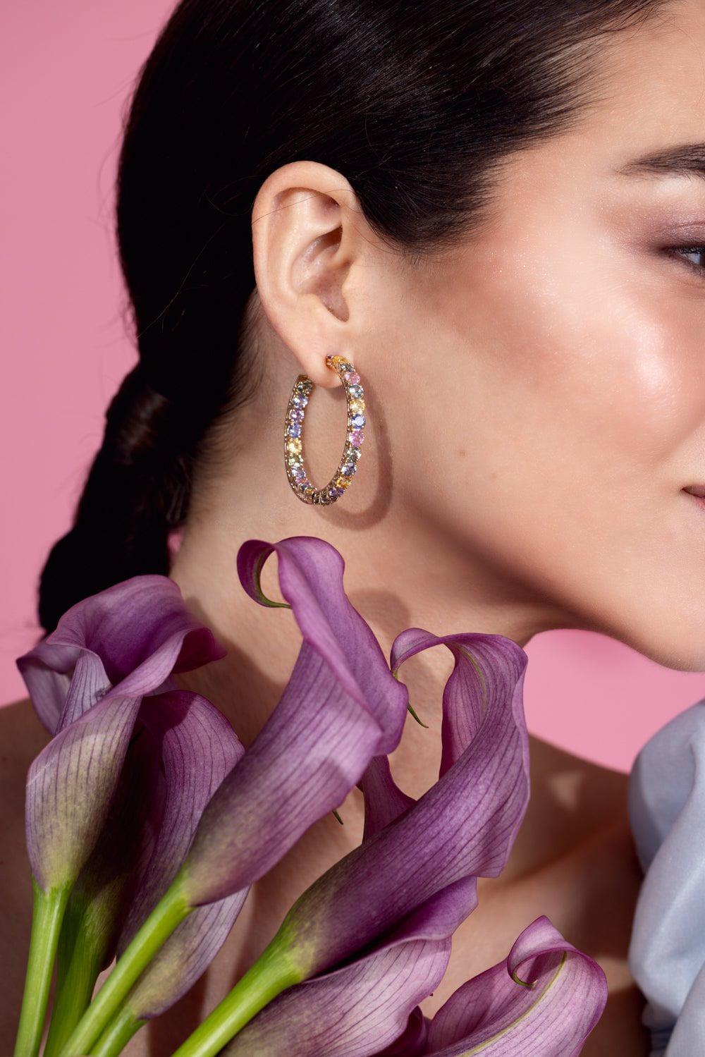 Medium Multicolor Sapphire Hoop Earrings-YELLOW GOLD-JEWELRYFINE JEWELEARRING-BAYCO