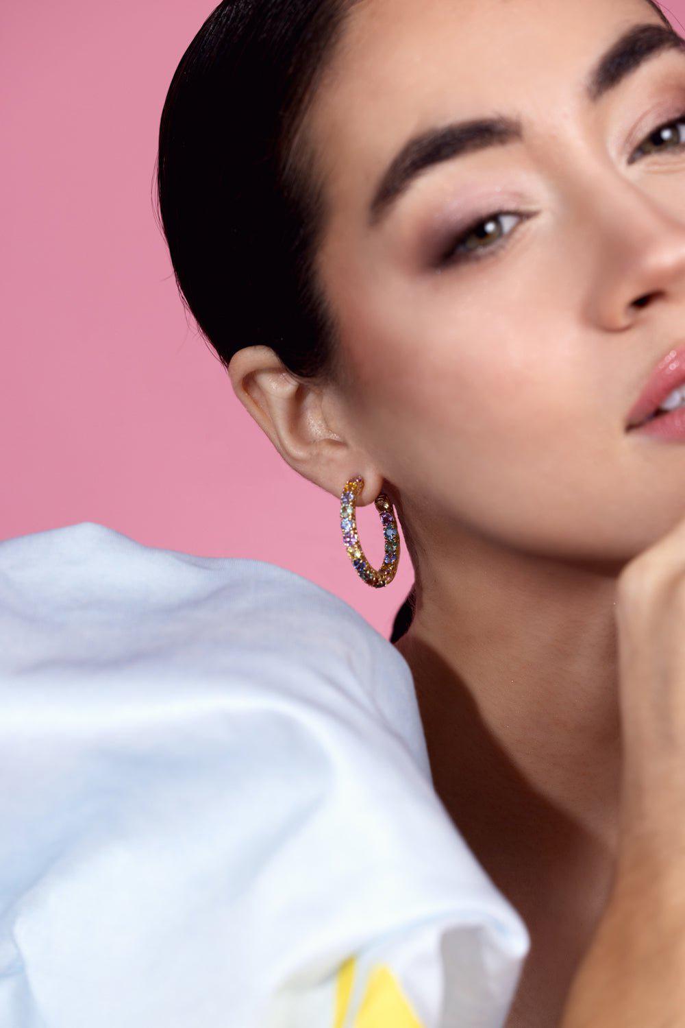 Medium Multicolor Sapphire Hoop Earrings-YELLOW GOLD-JEWELRYFINE JEWELEARRING-BAYCO