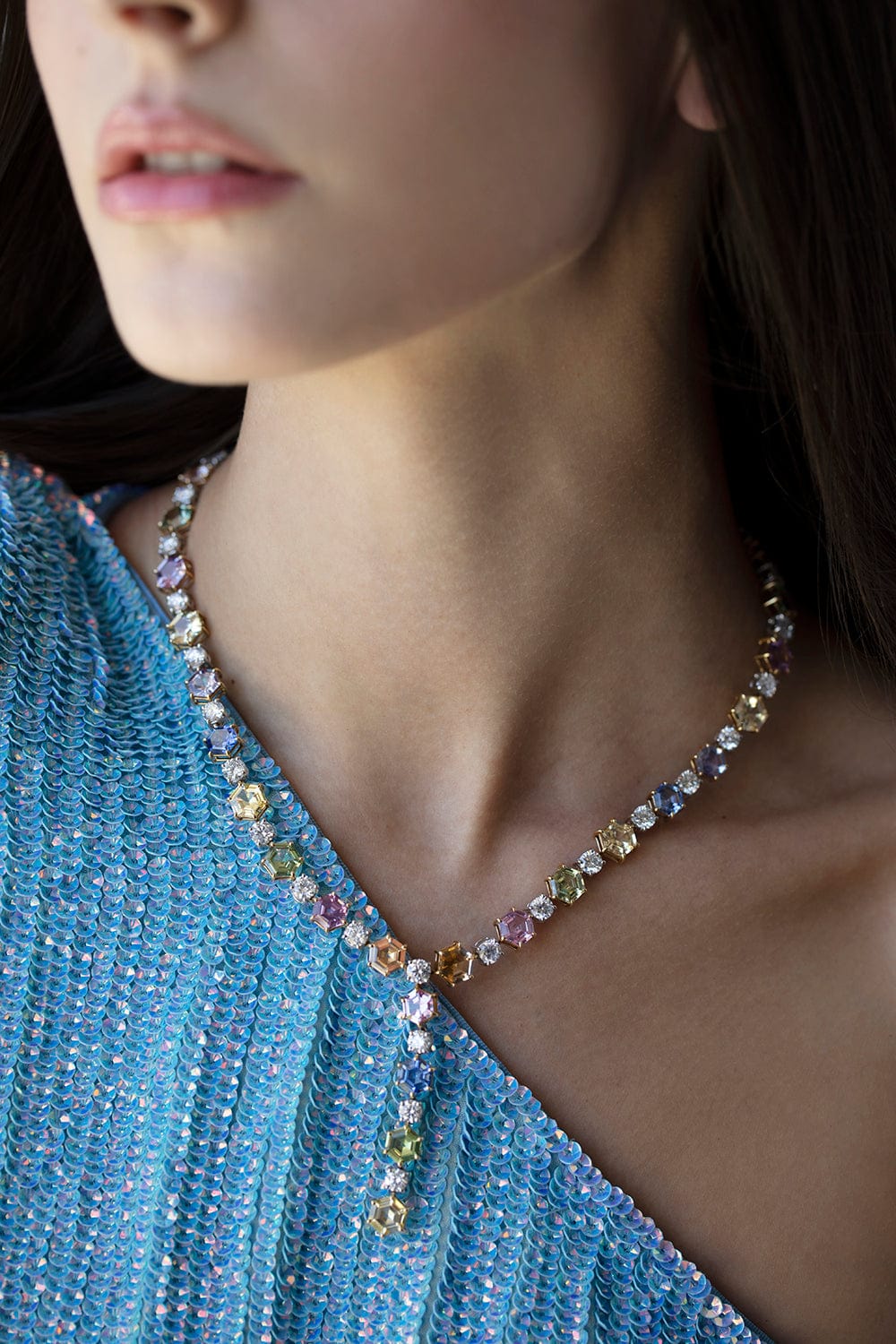 BAYCO-Hexagonal Sapphire and Diamond Necklace-PLATINUM