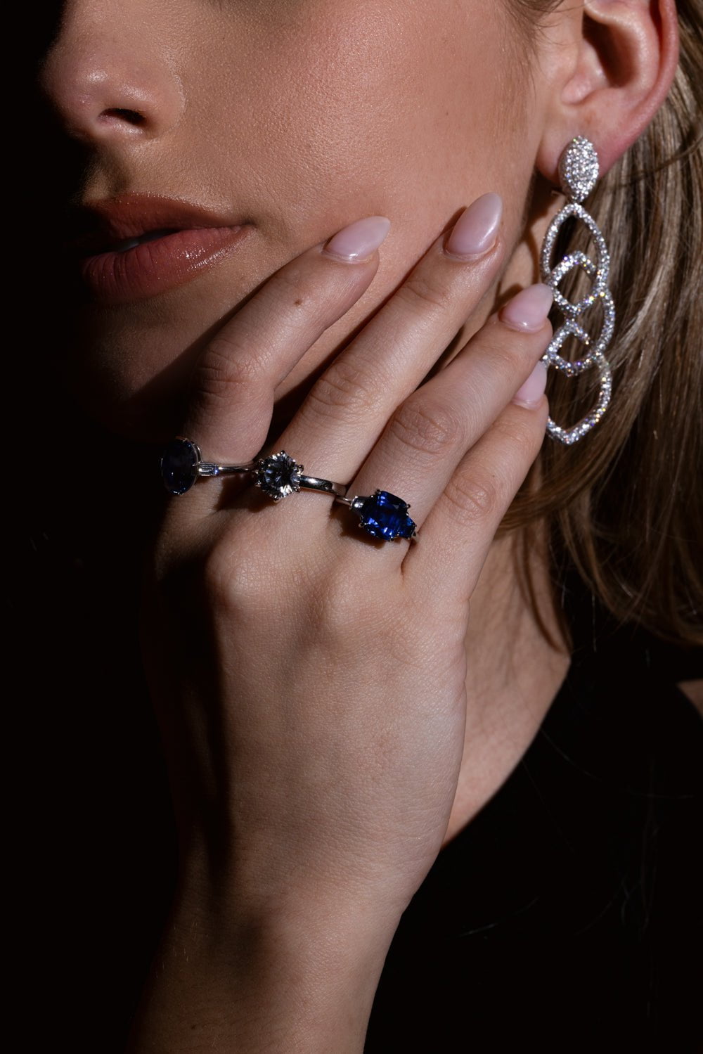 BAYCO-Cushion Flanked Blue Sapphire Ring-PLATINUM