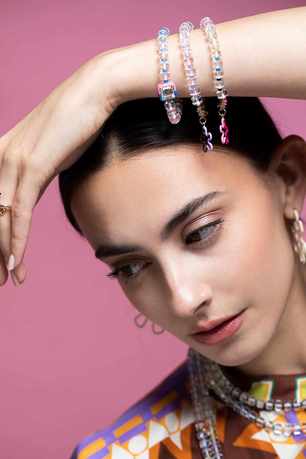 BEA BONGIASCA-Pink and Blue B Square Beaded Bracelet-YELLOW GOLD